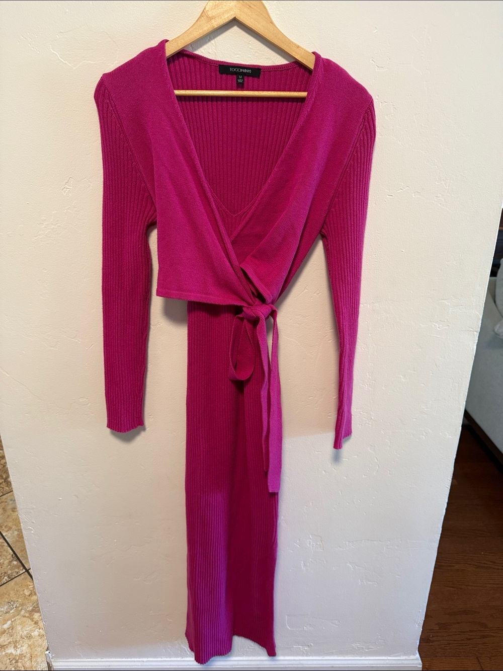 Fuchsia Ribbed Wrap Maxi Dress with Tie Waist